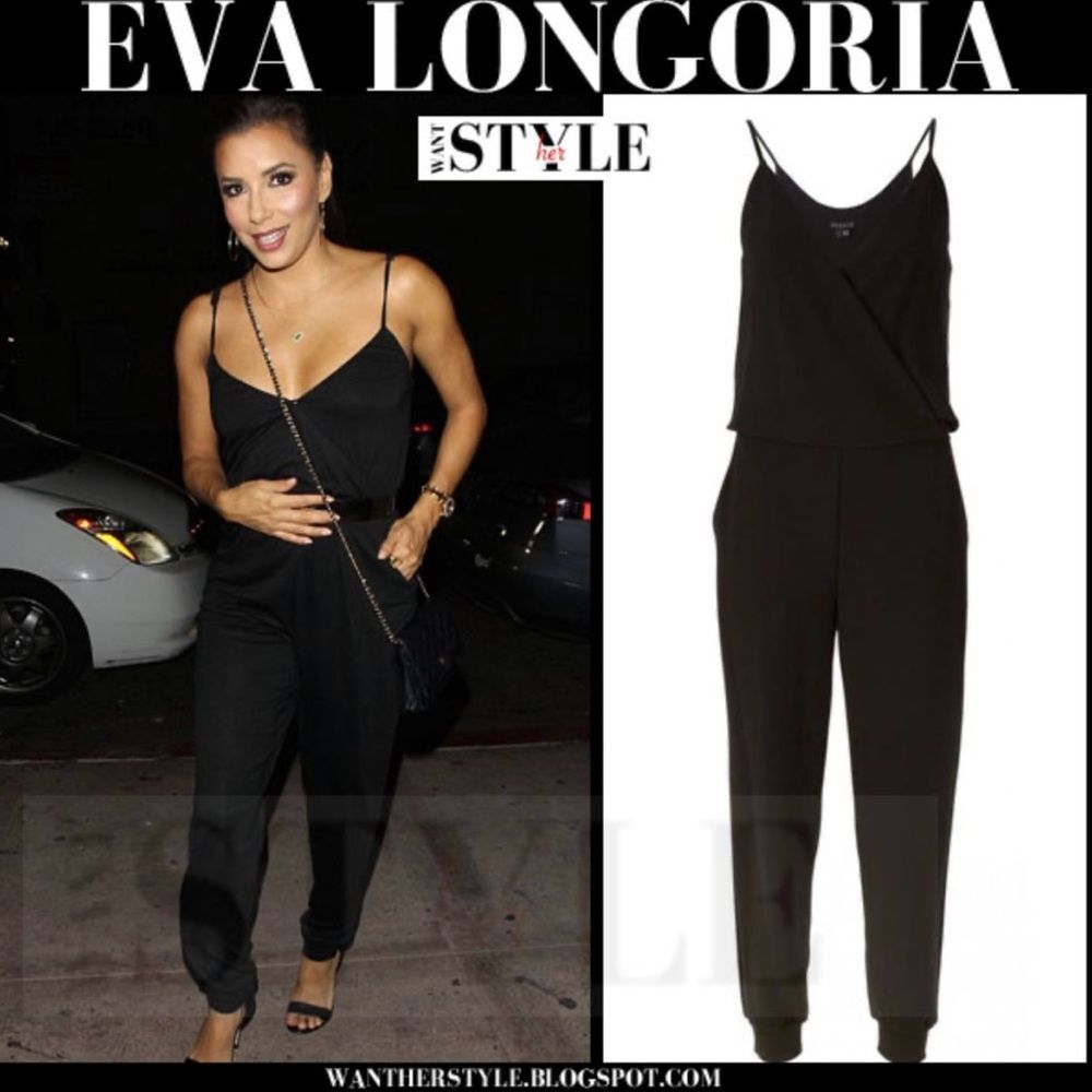 Theory Silk Black Jumpsuit Pockets Sz L Romper Spaghetti Straps ASO Eva Longoria